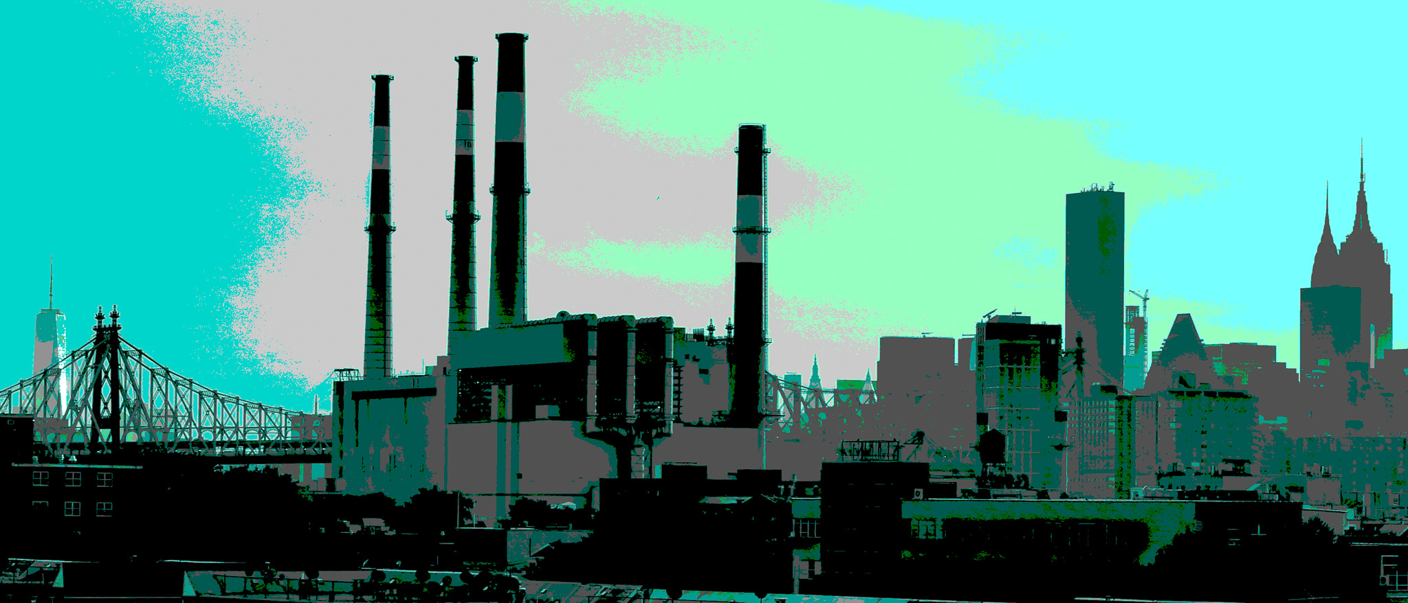 A photo of the New York City skyline that has been tinted cyan and heavily posterized.