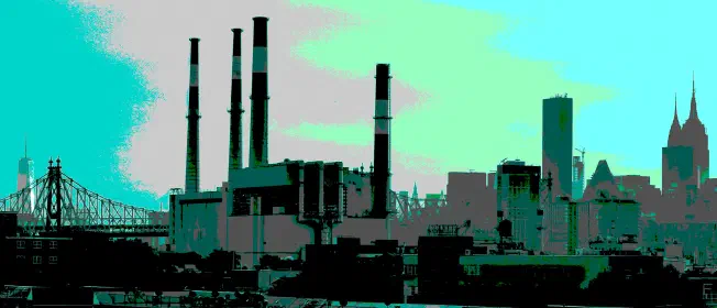 A photo of the New York City skyline that has been tinted cyan and heavily posterized.