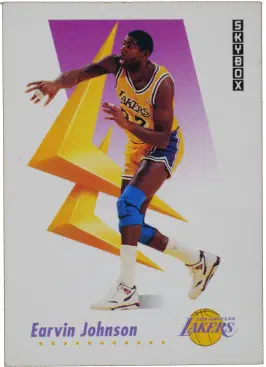 The front of a 1991 SkyBox basketball card featuring Magic Johnson of the LA Lakers. The card is all white except for a photo of Magic who has just passed the basketball and a backgrop of retro computers graphics in the shape of two yellow chevrons.